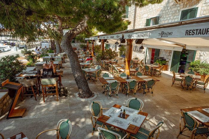 Velika i raskošna terasa Topolino po danu sa prirodnim hladom